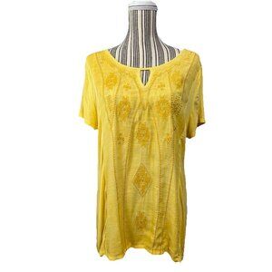 Soft Surroundings Women's Yellow Embroidered Top XXL 3/4 Sleeve Boho Cotton